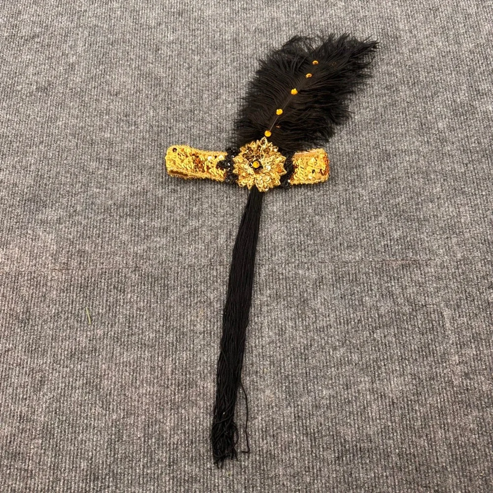 Flapper Headband Halloween Women One Size Sequin Feather Tassel Gold Black 1920s